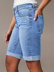 Women'S 2026 Summer New Stretchy High-Waisted Tummy Control Denim Shorts, Light Blue Washed with Pockets Slim-Fit Cuffed Casual Shorts, Comfortable Spring/Summer Ladies' Jeans Pants for Travel And Work - Boyfriend-Style Shorts