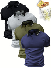 4pcs Set of Summer Lapel Men'S Polo Shirts Solid Color Short Sleeve Multicolor Golf Shirts Workwear Casual Athletic Wear Men'S Top