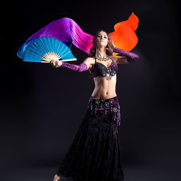 2pcs Women Belly Dance Fans Dancing Fans Colorful 180Cm Long Streamers Veil Fan Chinese Bamboo Foldable Fan for Dancing Performances