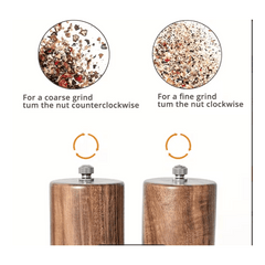Wooden Salt And Pepper Grinder Set, Acacia Wood Pepper Mill With Wooden Tray, Cleaning Brush, Spoon, 20.32 Cm, Dinner Table Accessories, Chrismas Gifts, Halloween Gifts