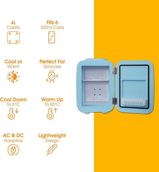 Abode Blue Mini Fridge A4CLR201BL 4L/6 Can Portable Thermoelectric Mini Cooler & Warmer for Drinks, Cosmetics/Makeup/Skincare, AC/DC Power, Retro Style, for Bedroom, Home, Caravan, Car