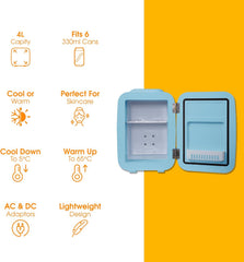 Abode Blue Mini Fridge A4CLR201BL 4L/6 Can Portable Thermoelectric Mini Cooler & Warmer for Drinks, Cosmetics/Makeup/Skincare, AC/DC Power, Retro Style, for Bedroom, Home, Caravan, Car