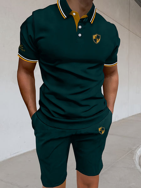 Men'S Polo Shirt Fashion Casual Set Pique Mesh Letter Pattern Top And Bottom