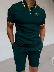 Men'S Polo Shirt Fashion Casual Set Pique Mesh Letter Pattern Top And Bottom