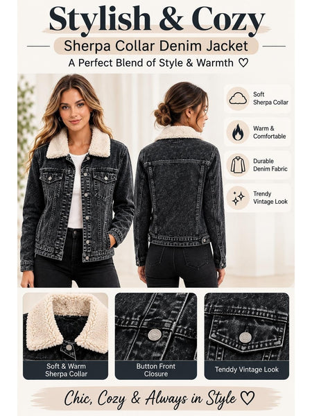 Women'S Black Denim Jacket with Sherpa Collar, Fleece Lined Jean Trucker Jacket, Warm Button Up Long Sleeve Winter Coat, Casual Vintage Denim Outerwear with Pockets
