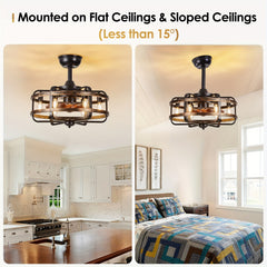 Caged Farmhouse Ceiling Fan with Light, 45.72cm Reversible 3 Wind Speed Industrial Ceiling Fan with 2 Down Rods, 1/2/4 Timing Quiet Flush Mount Rustic Ceiling Fan with Remote Control for Bedroom, Living Room, Dining Room, Kitchen