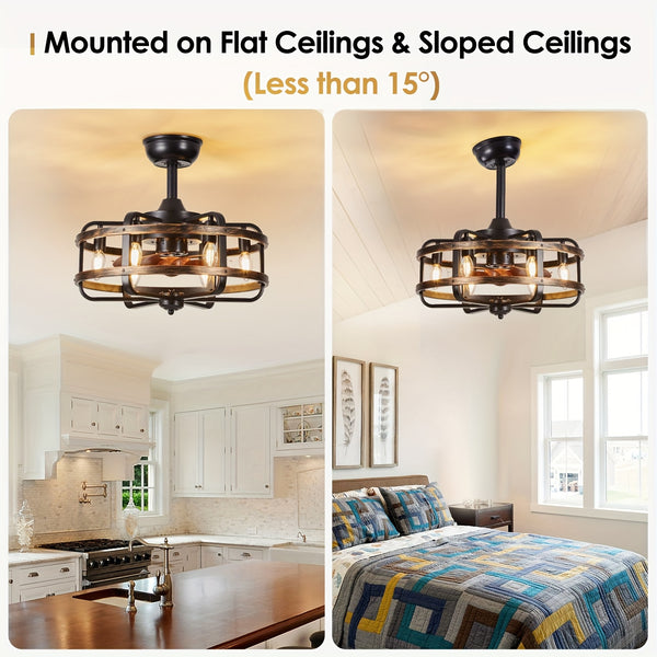 Caged Farmhouse Ceiling Fan with Light, 45.72cm Reversible 3 Wind Speed Industrial Ceiling Fan with 2 Down Rods, 1/2/4 Timing Quiet Flush Mount Rustic Ceiling Fan with Remote Control for Bedroom, Living Room, Dining Room, Kitchen
