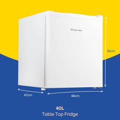 Russell Hobbs Table Top Larder Mini Fridge 40L Capacity, Quiet Running 39DB, Reversible Door, 0 to 8 Degrees Manual Temperature Control, White RHTTLF2E1W