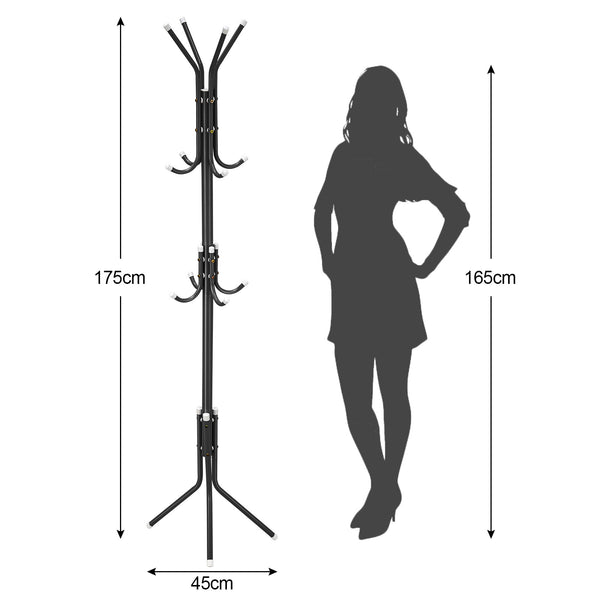 Coat Rack Stand 3-Tier 175cm Tall Metal Coat and Hat Stand with 12 Hooks for Living Room, Bedroom & Hallway