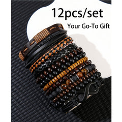 12pcs Men'S Bohemian Vintage Bracelet Set| Faux Leather Woven with Tiger Eye& Moonstone Beads| Multi-Layer Stackable Design| Casual& Party Jewelry| Trendy Boho Chic Accessories, Casual Attire, Gift for Men, Bohemian Style, Handcrafted Bracelets