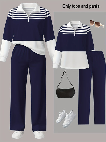 Women's 2pcs Suit Set - Striped Half-Pallet Pullover Top & Solid Color Pants with Zipper Closure, High-Elasticity Straight Leg Pants, Loose Fit for Commuting, Office & Daily Wear - All-Season Professional Attire (2pcs Matching Set)