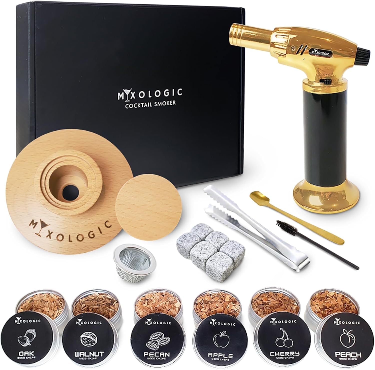 MIXOLOGIC Whiskey Smoker Kit with Torch, 6 Wood Chips, Ice Stones & Accessories, Old Fashioned Whisky Set, Cocktail Smoker for Drinks, Bourbon Infuser, Gift for Men, Husband, Dad (No Butane)