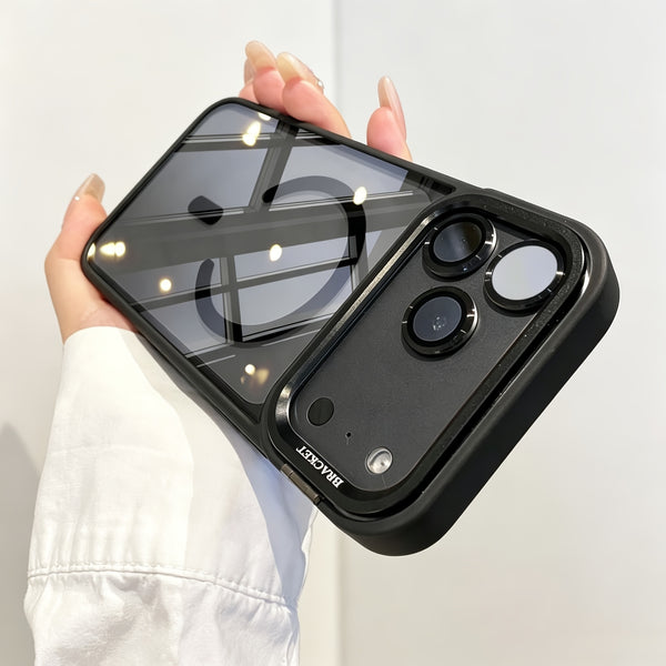 Phone Case: Luxury Magnetic Phone Case with Metal Camera Stand, Clear Transparent Shockproof Cover with Detachable Lens Film, Compatible for iPhone 17 Pro Max/16/15/14/13 Series