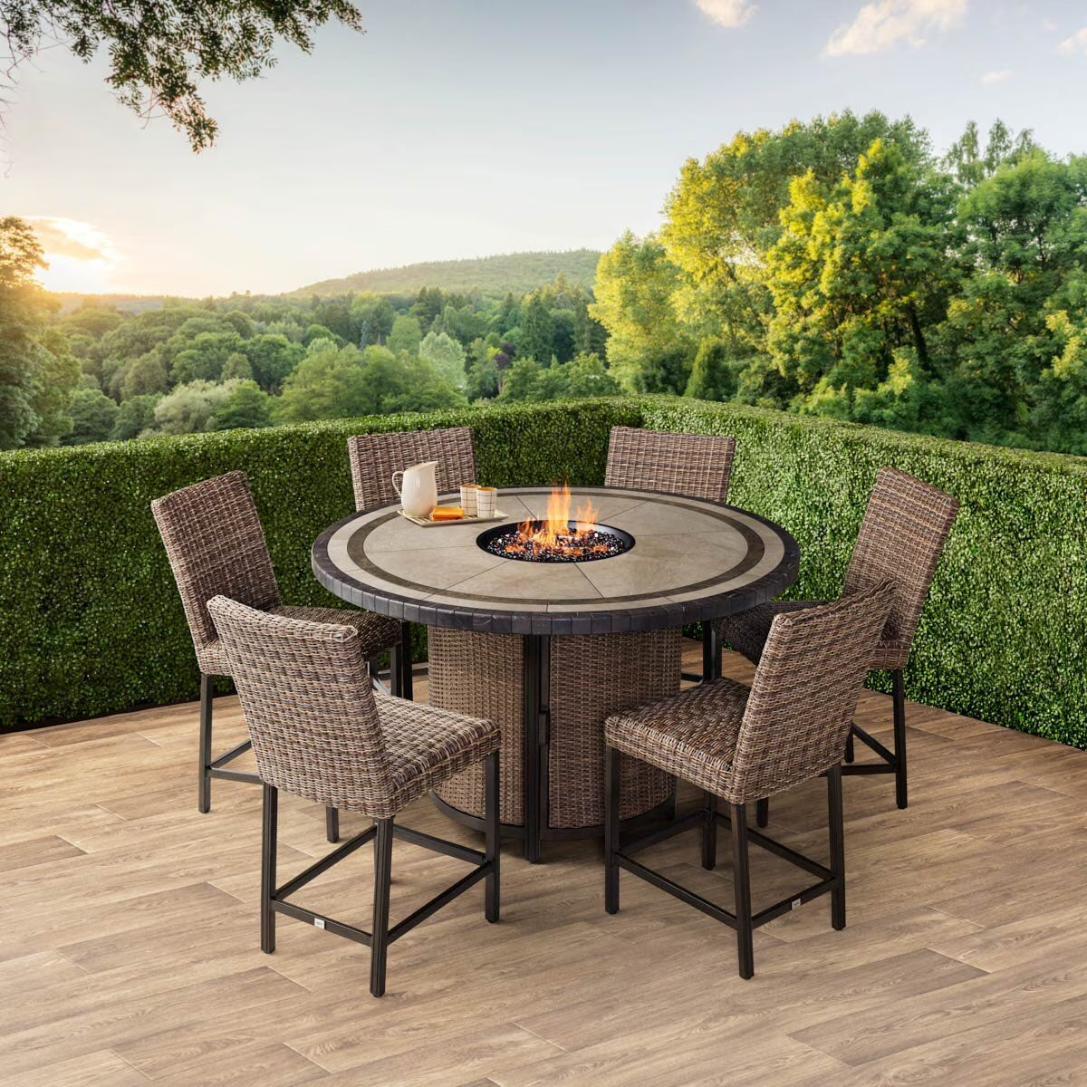 Agio Anderson 7 Piece Wicker High Dining Fire Set with Padded Chairs + Cover