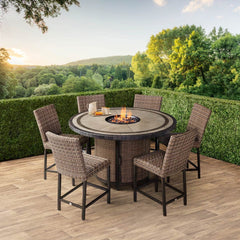 Agio Anderson 7 Piece Wicker High Dining Fire Set with Padded Chairs + Cover