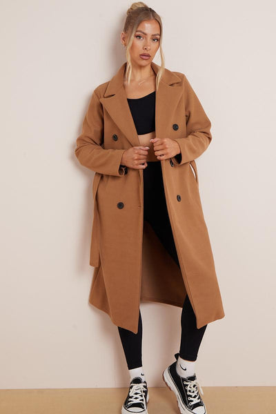 Women's Classy Solid Color Double Breasted Detachable Belted Pocket Pea Coat, Lapel Neck Long Sleeve Outerwear for Fall & Winter