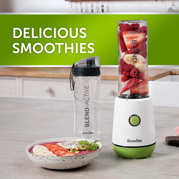 Breville Blend Active Personal Blender & Smoothie Maker | 350W | 2 Portable Blend Active Bottles (600Ml) | Leak Proof Lids | White & Green [VBL246]