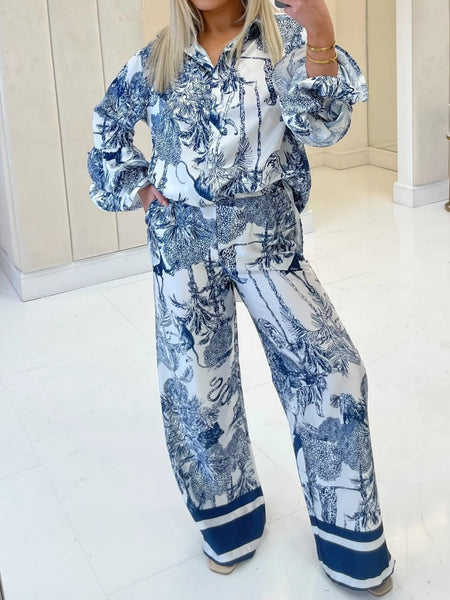 Women'S 2pcs Floral Print Pants Set with Button- Shirt & Elastic Waist Pants - Blue Floral All-Over Print Casual Outfit, All-Season Comfort, Easy-Care Fabric, Versatile Day to Night Wear, Relaxed Fit for Women (No Matching Top Included), Matching Pants fo