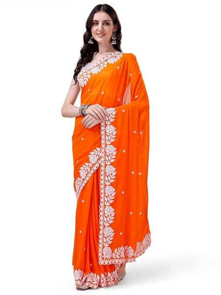 Estationeryhouse Women's Georgette Embroidery Border Work Designer Saree with Blouse Piece