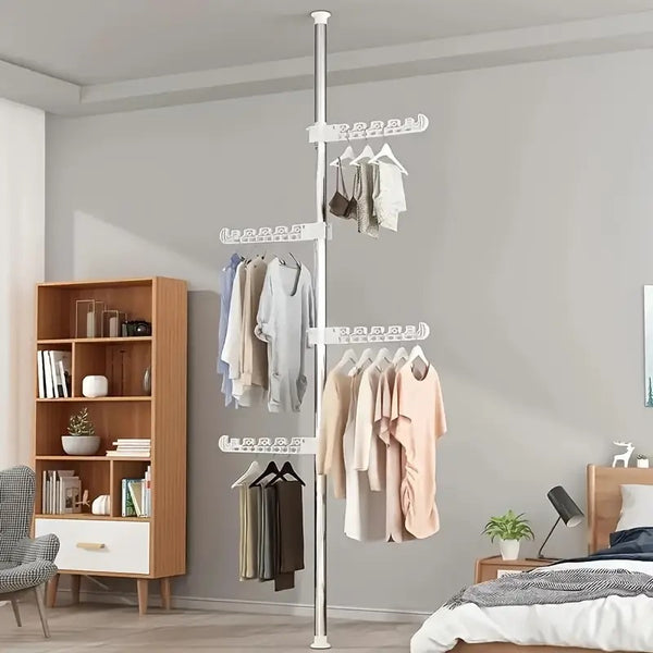 4-Tier Standing Clothes Laundry Drying Rack Coat Hanger Organizer Floor to Ceiling Adjustable Metal Corner Tension Pole