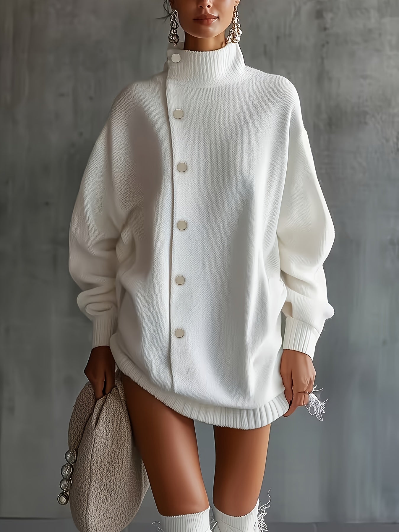 Women's Long White Button- Fashion Fabric Pullover with Lapel, Long Sleeves, Simple Design, Suitable for Spring and Autumn Daily Commute and Festive Occasions