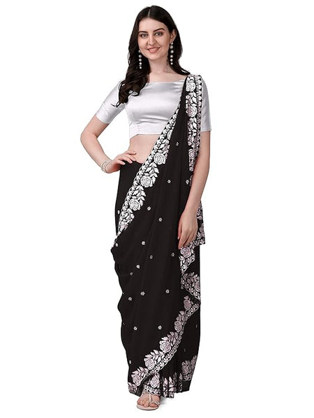 Estationeryhouse Women's Georgette Embroidery Border Work Designer Saree with Blouse Piece
