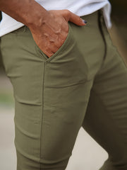 Heyfanee Men's Slim-Fit Elastic Waist Trousers - Khaki Low-Rise Casual Pants with Button Closure & Pockets, All-Season Machine Washable for Daily Wear, Durable Fabric
