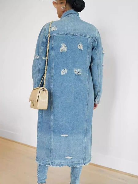 New Style Ripped Denim Jacket with Genuine Pockets - Long Women's Denim Jacket