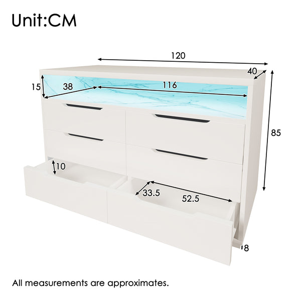 Marbled 6-Drawer Sideboard, Modern Storage Cabinet with Lighting & Shelves, Chest of Drawers for Living Room Home Office, 85 x 120 x 40 cm, White