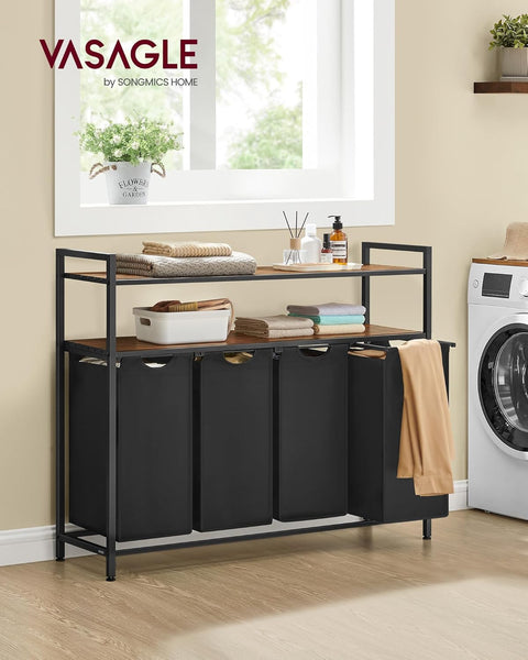VASAGLE Laundry Basket, Laundry Hamper with 4 Pull-Out and Removable Laundry Bags, 2 Shelves, 4 X 40 L, for Laundry Room, Rustic Brown and Black BLH214B01