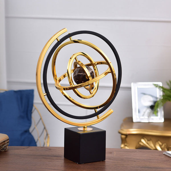 Large Modern Abstract Metal Wall/Tabletop Sculpture - Black & Golden Iron Art Decor with Sturdy Rectangular Stand, Classic Contemporary Design for Home Office Desk, Living Room, Bedroom - No Electricity Needed, Durable Statement Piece for Minimalist & Mod