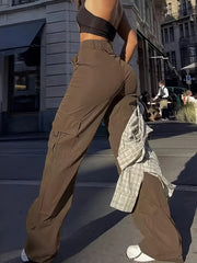 Flap Pocket Solid Color Cargo Pants, Y2K Slant Pocket Button Front Every Day Pants, Women's Clothing