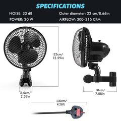 Plant Tent Clip-On Fan, Featuring a Newly Designed Long-Life EC Motor, Dual-Speed Adjustable Fan, 90° Rotation, 22Cm Diameter, Ideal for Hydroponic Systems And Circulation Cooling in Grow Rooms