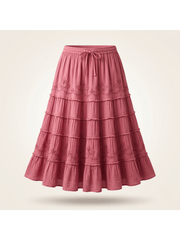 Women’s Vacation Tiered Maxi Skirt Elastic Waist Floral Embroidery Ruffle Hem - 20001