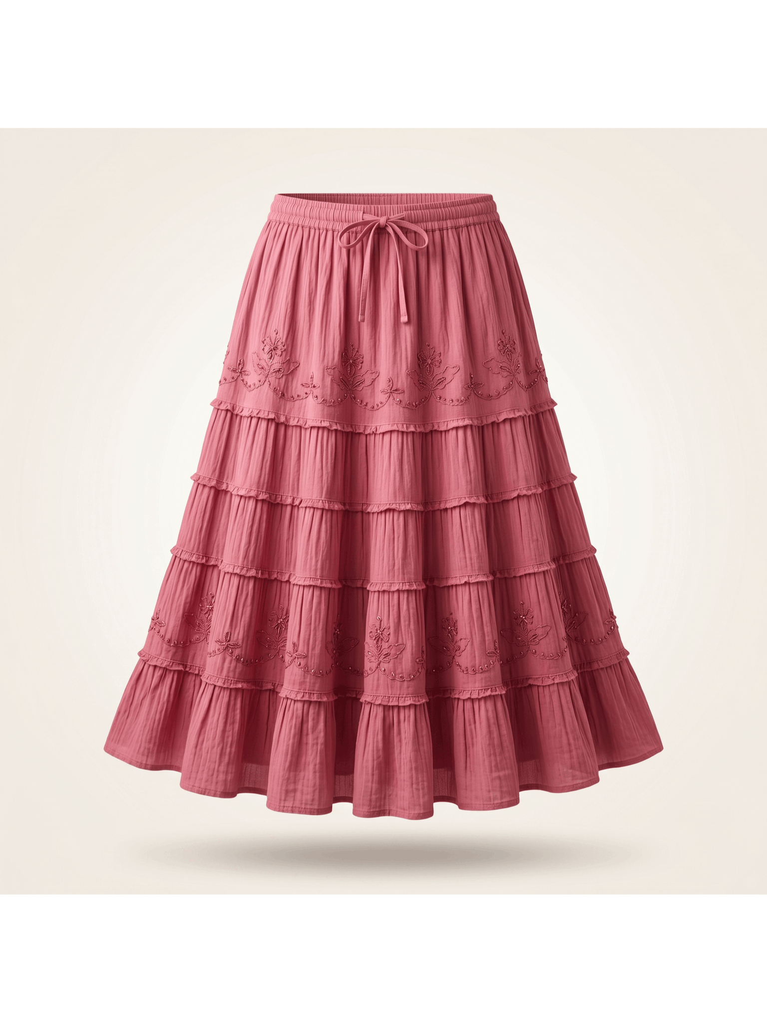 Women’s Vacation Tiered Maxi Skirt Elastic Waist Floral Embroidery Ruffle Hem - 20001
