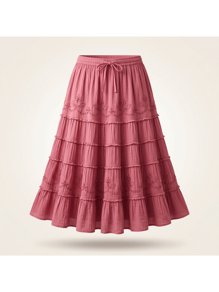 Women’s Vacation Tiered Maxi Skirt Elastic Waist Floral Embroidery Ruffle Hem - 20001