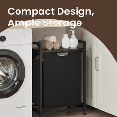 Laundry Hamper, Laundry Basket with Pull-Out Liner, Shelf, Metal Frame, 12.7 Gallons, Rustic Brown and Black