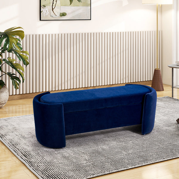 1pc, Blue Velvet Upholstered Storage Bench, Ottoman Storage Box with Seating, Modern Upholstered End of Bed Stool Chair Bench for Bedroom Entryway, Living Room Decor