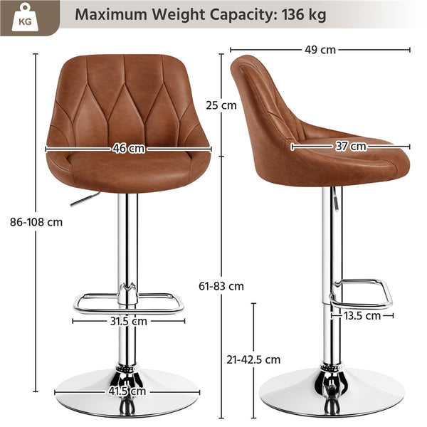 Costoffs Bar Stools Set of 2 Faux Leather Swivel Barstools, Height Adjustable, Modern Bar Chairs with Ergonomic Backrest, Cushioned Seat, Chrome Footrest for Home Kitchen Island Bar Counter, Dark Grey/Black/Retro Brown/White/Light Grey