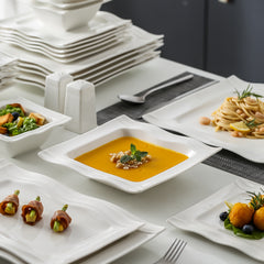 Set of 28 White Porcelain Square Dinnerware, Includes Plates And Bowls for 6 People