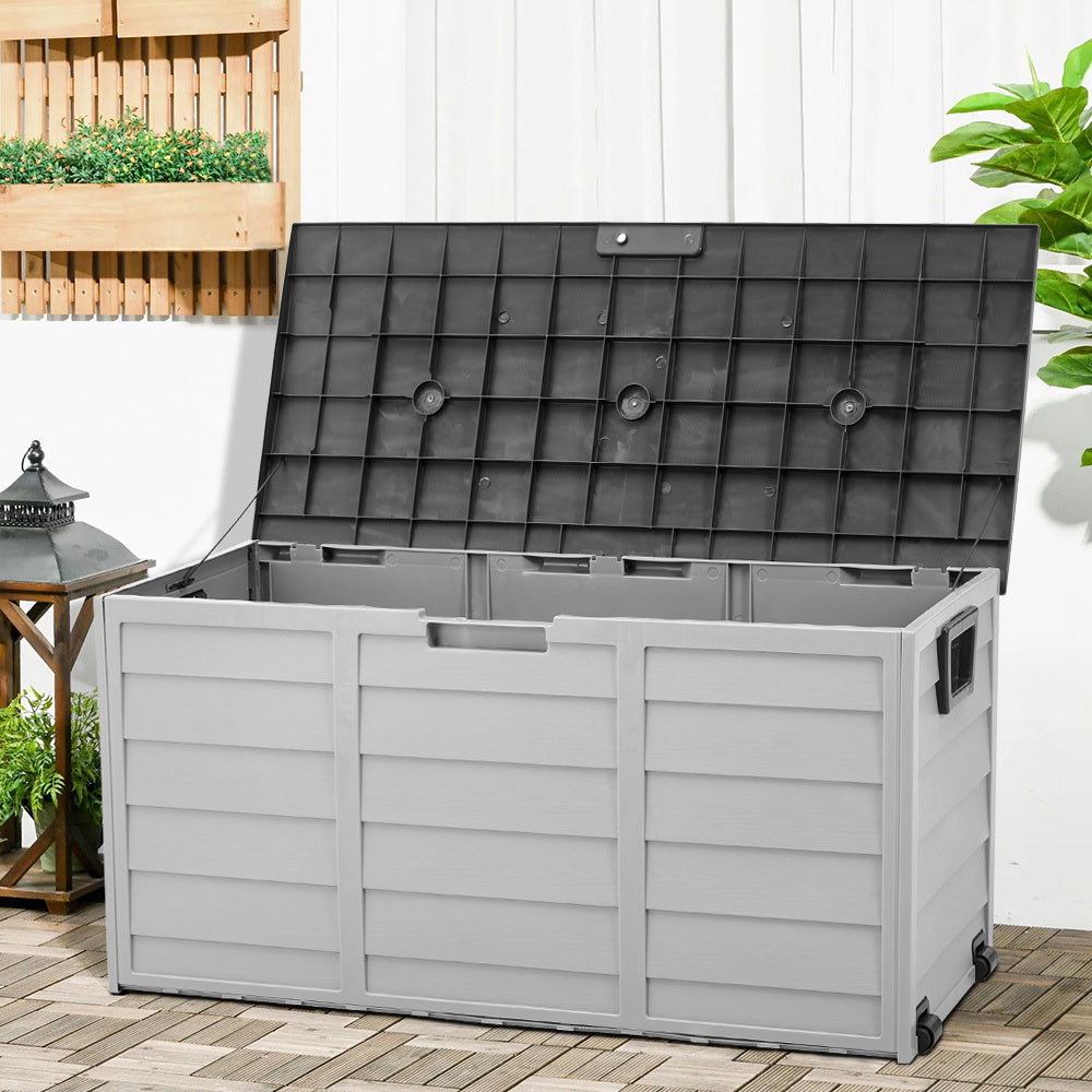 290L Lockable Waterproof Storage Box – Heavy-Duty Outdoor Deck Chest with Wheels Garden & Patio Recycling Bin Organizer for Tools, Cushions (112*49*54cm)