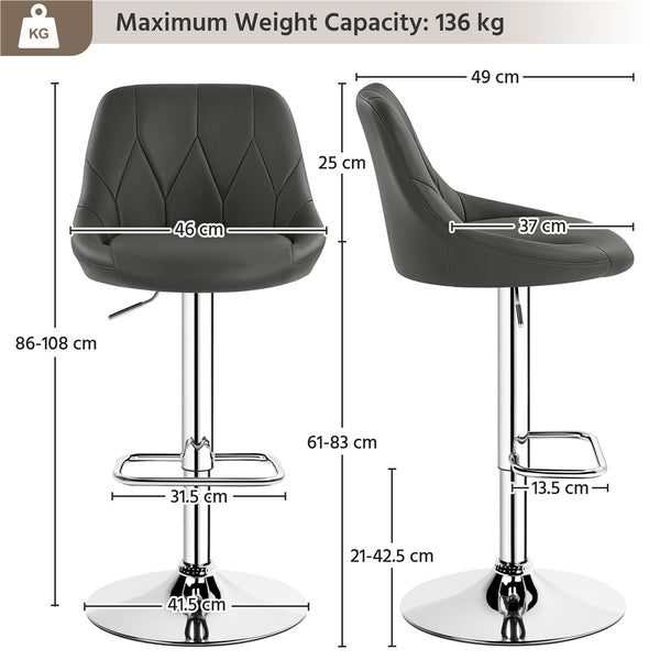 Costoffs Bar Stools Set of 2 Faux Leather Swivel Barstools, Height Adjustable, Modern Bar Chairs with Ergonomic Backrest, Cushioned Seat, Chrome Footrest for Home Kitchen Island Bar Counter, Dark Grey/Black/Retro Brown/White/Light Grey