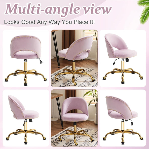 Office Chair Velvet Fabric Swivel Computer Desk Chair Comfy Armless Vanity Task Chair With Adjustable Height, Ergonomic Chair for Home Bedroom (Delicate Lilac)