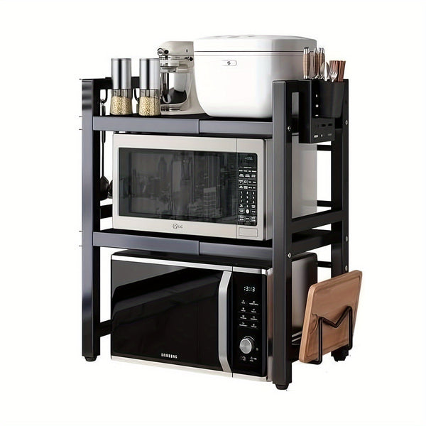 3-Tier Expandable Microwave Oven Rack with 6 Hooks And 3 Towel Racks, Includes a Chopstick Holder, Cutting Board Holder, Spice Rack, And Kitchen Storage Rack. Suitable for Kitchens, Offices, And Storage Rooms. Extends 40-64 Cm (Black, White)