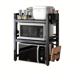 3-Tier Expandable Microwave Oven Rack with 6 Hooks And 3 Towel Racks, Includes a Chopstick Holder, Cutting Board Holder, Spice Rack, And Kitchen Storage Rack. Suitable for Kitchens, Offices, And Storage Rooms. Extends 40-64 Cm (Black, White)