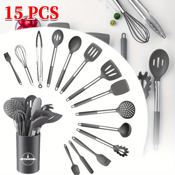 15pcs Silicone Kitchen Utensil Set with Wooden Handles - Non-Stick, Includes Stainless Steel Grater & Bottle Opener, Perfect for Cooking, Baking & Holiday Celebrations.