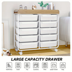 KINGRACK 10 Tier Office Rolling Storage Cart with Large Drawers, Mobile Organizer with Tabletop, Multi-Purpose Utility Cart for Home, Office, And Classroom, Easy to Move with Wheels, Storage Drawer Units