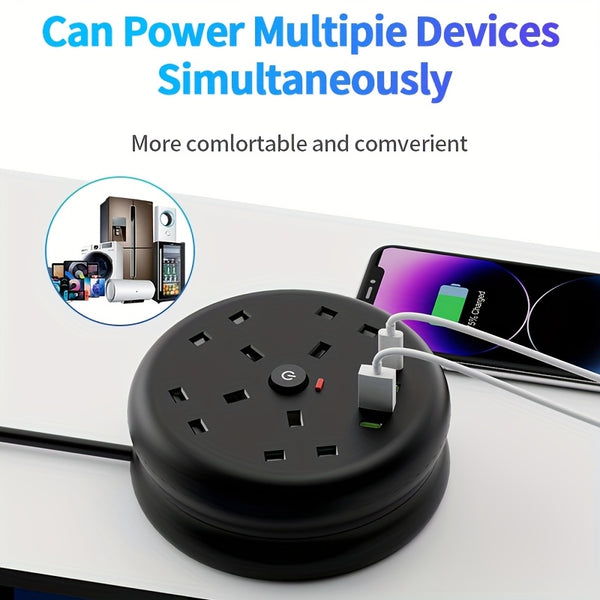 8-in-1 Power Strip Surge Protector/ Power Board/ Extension Socket with 2m Retractable Cord, 3250W, 13A, Portable Power Socket, Overload Protection, 4 AC Power Sockets, 4 USB Ports, Suitable for Home, Kitchen, Office Or Hotel Use.