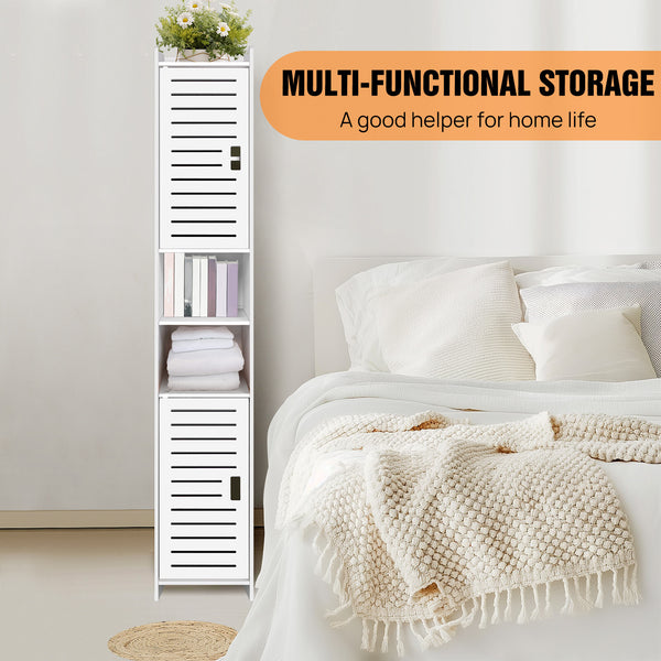 Bathroom Storage Cabinet, Tall Bathroom Cabinet, Slim Storage Cabinet, Freestanding Linen Tower Cabinet with 4 Tier and Door, Easy to Install for Kitchen/Hallway/Bedroom (116x20x20CM)