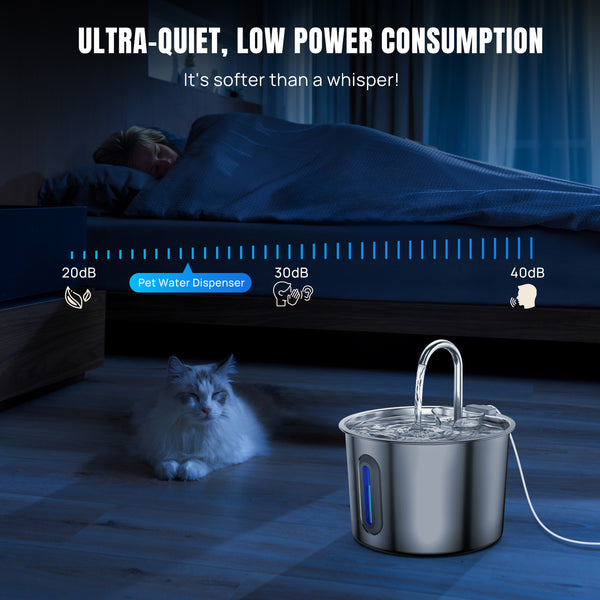 2.2L Cat Water Fountain for Drinking, Quiet Pet Water Dispenser Stainless Steel, Automatic Cat Water Bowl Cat Fountain with LED Light and Water Level Window, Cat Drinking Fountain with 2pcs Filters and Sponges